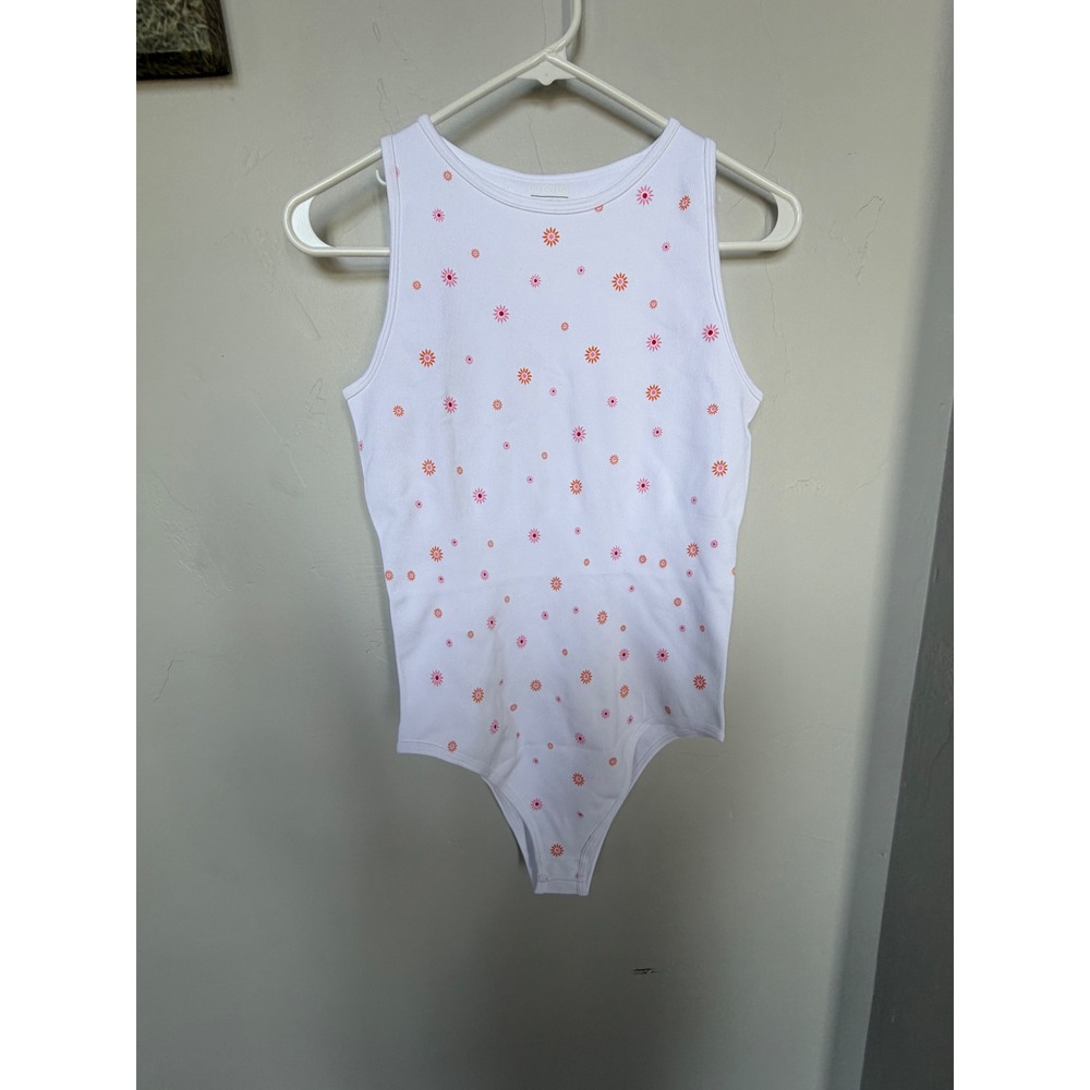 OQQ Women White Floral‎ Ribbed Knit Bodysuit Sleeveless Thong Large Pink Orange